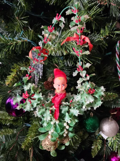 Christmas Ornament Elf Vintage Holly Bells Retro Wreath Hanging Decoration
