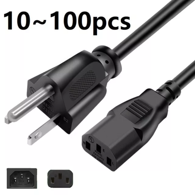 Lot of 10-100 AC Power Cord Cable 3 Prong Plug 3.7' Standard PC Computer Monitor
