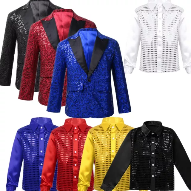 Kids Boys Sparkly Sequins Tuxedo Jacket One Button Suit Jacket Tuxedo Blazer
