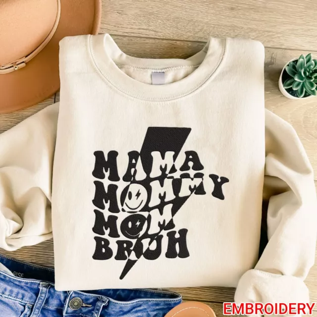 Embroidered Mama Mommy Mom Bruh Sweatshirt with Kids Name on Sleeve, Mama Gift