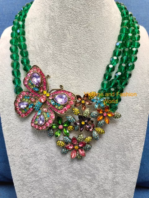 Heidi D “BUTTERFLY EFFECT” Beaded Crystal flowers Necklace Green NWOT