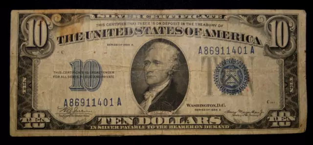 Series Of 1934 A $10 Small Size Blue Seal Silver Certificate