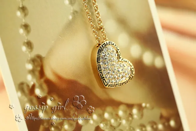 18K Gold GP Greek Style Swarovski Crystal Heart Locket Vintage Pendant Necklace