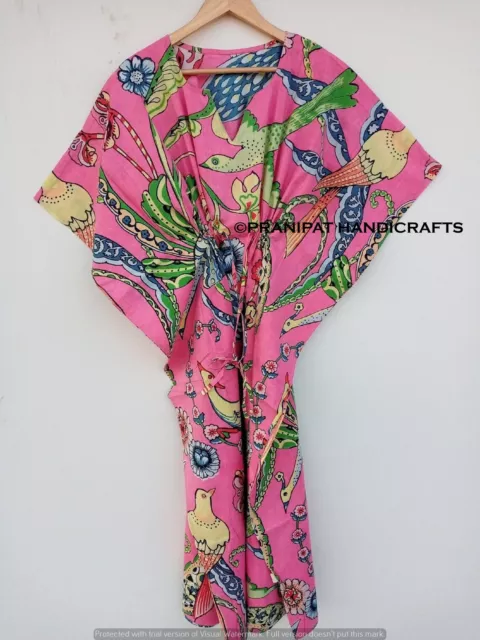 Women Cotton Summer Sleepwear Peacock Print Baby Pink Long Maxi Caftan Dress