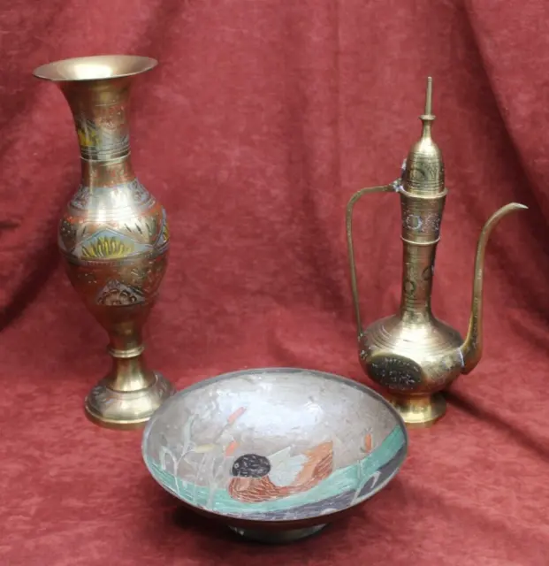 Alte Vase, Schale und Kanne Messing, handbemalt, F3.5.1