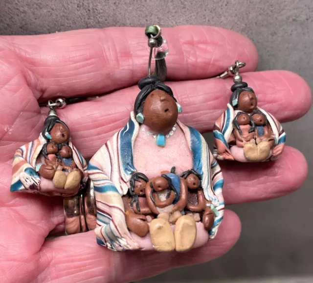 Southwestern Native American Storyteller Dolls Necklace & Earrings Set, 20g 28in