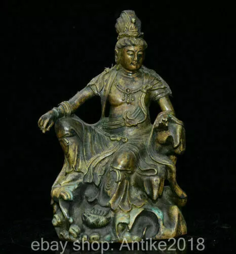 8" Old China Bronze Buddhism Zizai Guanyin Kwan-yin Bodhisattva Goddess Statue