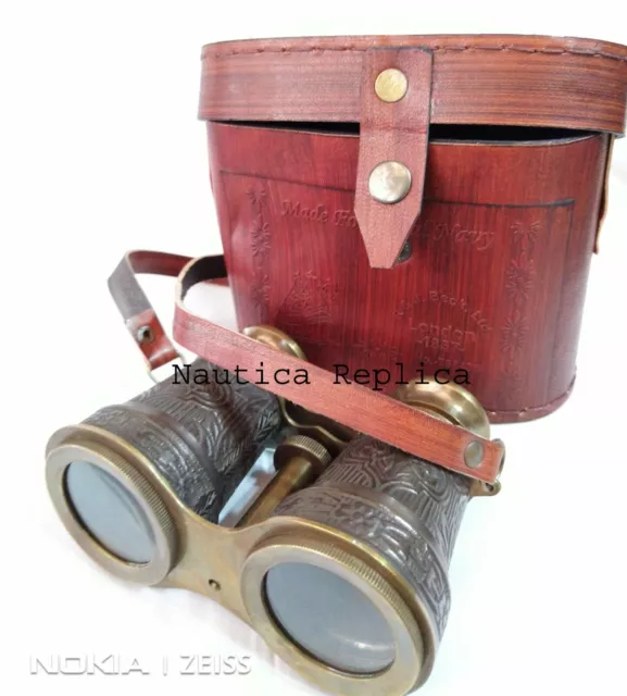 Nautical Vintage Brass Antique Binocular With Brown Leather Box Antique Nautica