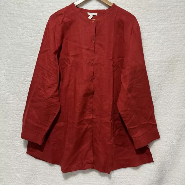 Eileen Fisher Red Orange 100% Organic Linen Shirt Top Blouse Button Up Size 3X