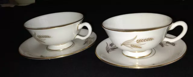 2 Sets LENOX HARVEST PATTERN Tea, Coffee Cup + Saucer Sets Gold Wheat  R-441 EUC