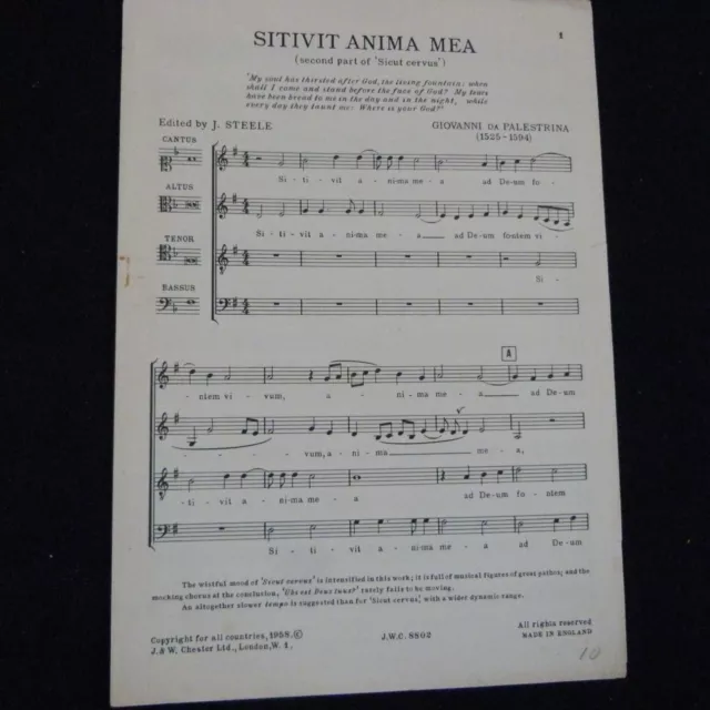 choral score  SITIVIT ANIMA MEA Giovanni da Palestrina CATB