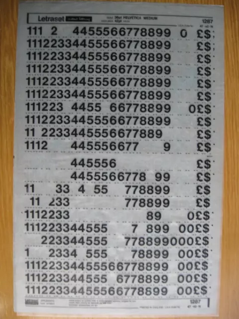 1 x Buchstabensatz Zahlen HELVETICA MEDIUM 36pt 10,0 mm Blatt 1287 c(bb)