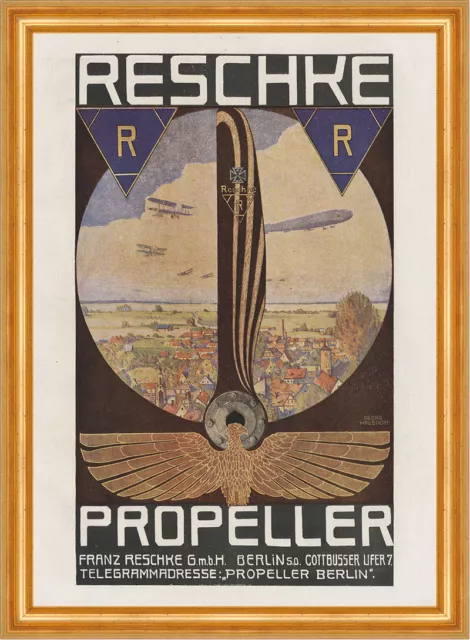 Franz Reschke Propeller Flugzeug Zeppelin Plakat Braunbeck Motor A3 344 Gerahmt