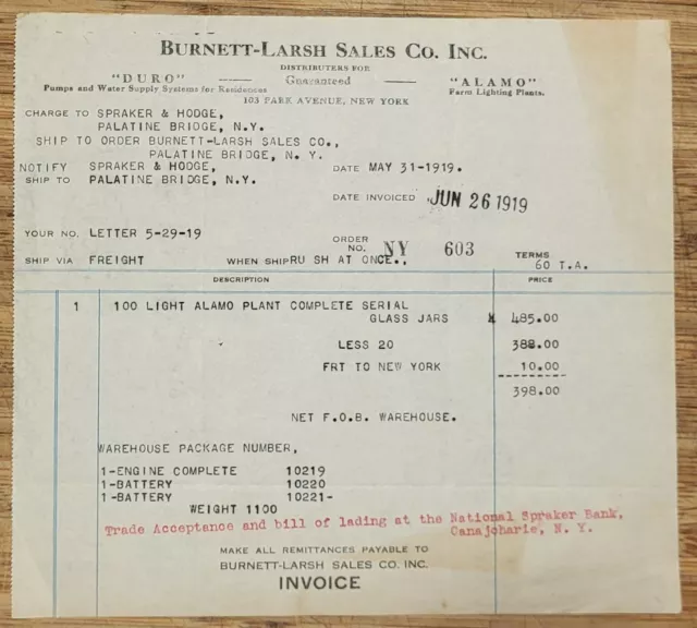 1919 Billhead New York City Burnett Larsh Sales Company Glass Jars
