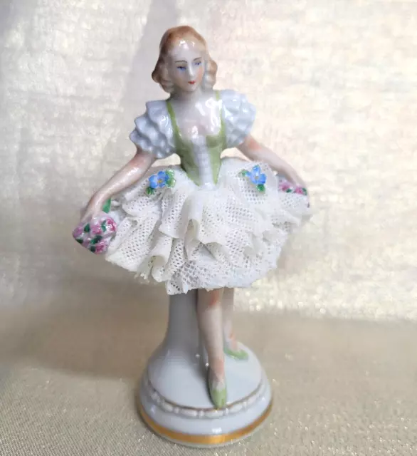 Antique SITZENDORF DRESDEN Lace Ballerina Figurine Porcelain Germany 4.5"