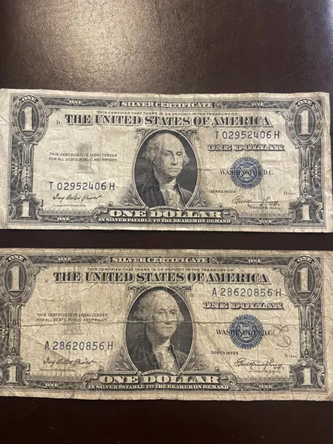 Series 1935 E Blue Seal. One Dollar Silver Certificate Note Rare (two)
