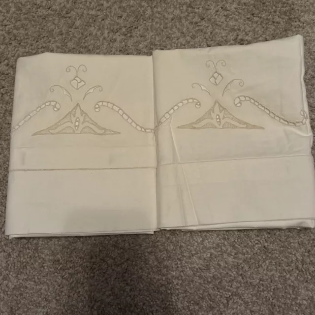 Vintage/Antique Linen Embroidered Pillow Cases Italy Early 1900’s Unique Button