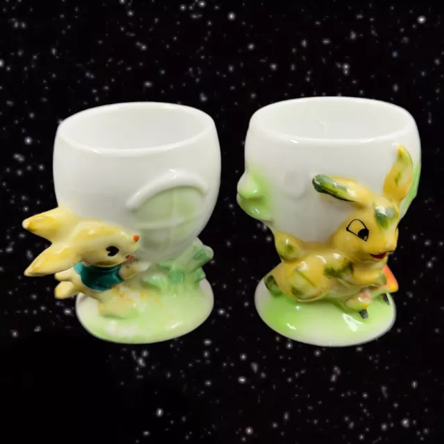 Vintage Bunny Rabbit Egg Cups Figural Japan Easter Painted Porcelian Pair 2 pcs