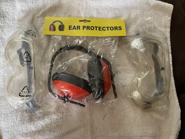 Ear Muffs Hearing Protection And 2 Pairs Of Safety Goggles FAST SHIPPING! Look!