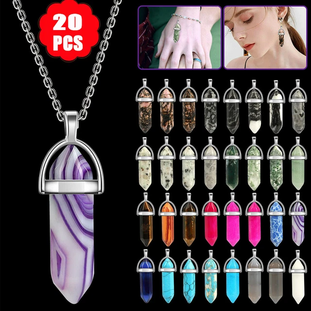 20PC Hexagonal Pendant+Free Chain Necklace Healing Pointed Crystal Stone Jewelry