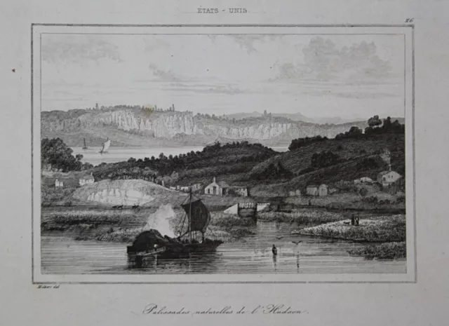 1850 Hudson River Fiume America USA Vista View Incisione Acciaio Engraving