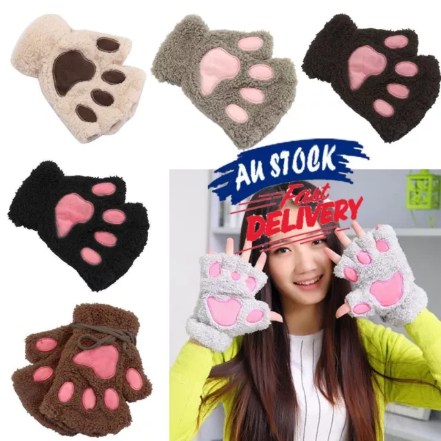 Cat Claw Bear Paw Gloves Women Warm Plush Faux Fur Cosplay Fingerless Mittens