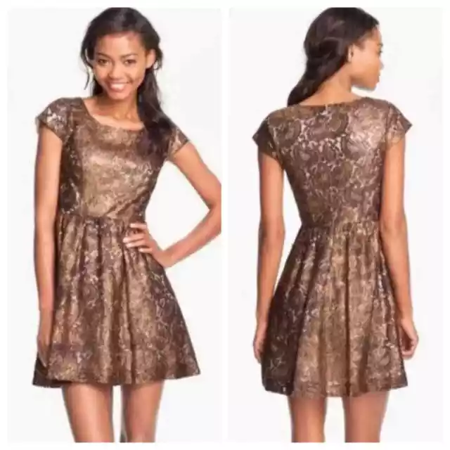 Kensie Bronze Metallic Paisley Lace Cap Sleeve Skater Dress - XS