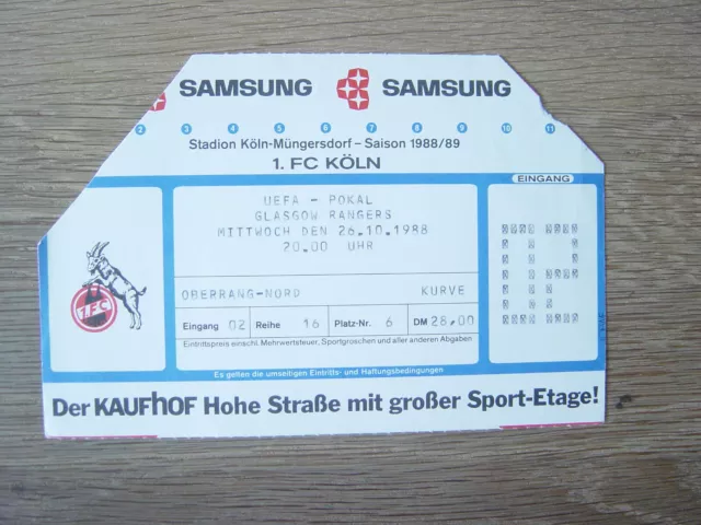 TICKET : 1988/89 UEFA CUP : FC KÖLN v GLASGOW RANGERS