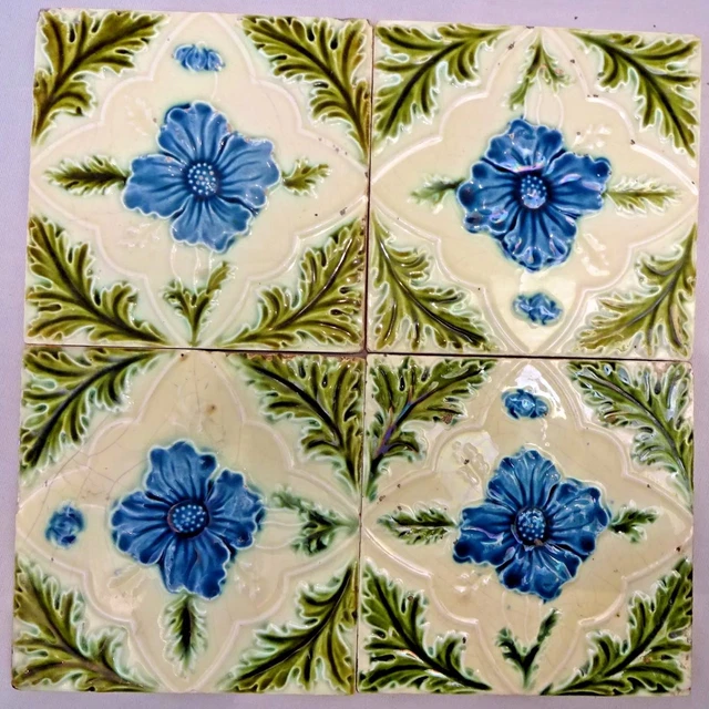Tile Majolica Vintage England Art Nouveau Porcelain Flower Purple 4 Piece Set#14