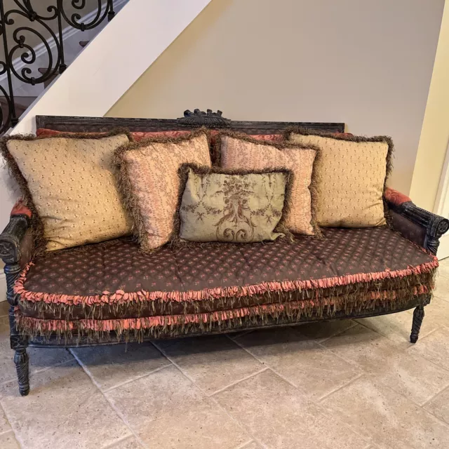French inspired EJ Victor Louis Gubba Sofa wood carved Multi-fabric & fringe