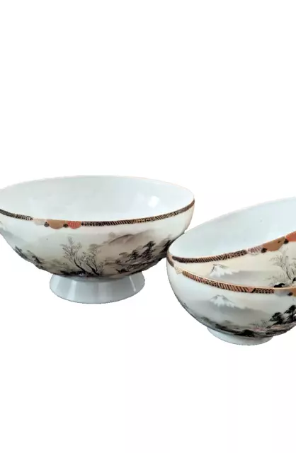 Antique Fine Japanese 1900 Kutani Porcelain Eggshell Rice Bowls With Monogram