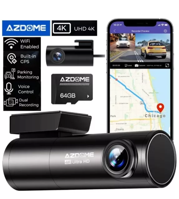 AZDOME 4K Dash Cam Front and Rear, Built in WiFi GPS Dual Dashcam for Car, Voice