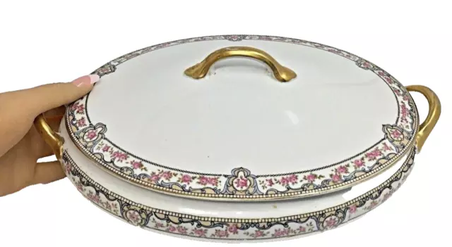 Vintage NORITAKE PORTLAND OVAL SERVING BOWL with gilted handles 1891-1921 NIPPON