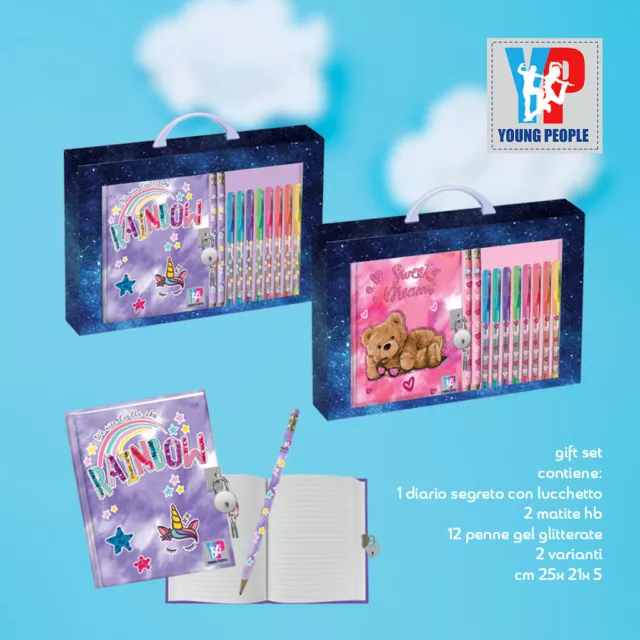 DIARIO SEGRETO YOUNG People girl Orsetto Unicorno + 12 penne glitter Tinta  Unita EUR 19,90 - PicClick IT