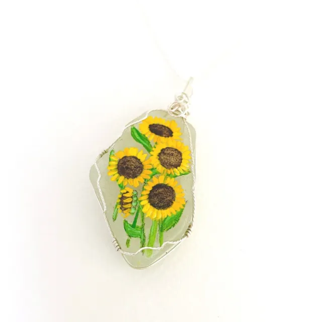 A bunch of sunflowers hand painted sea glass necklace - 18" silver plated chain