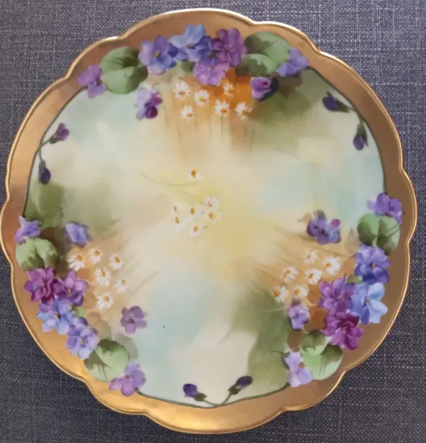 Pickard Hand Painted Dessert Plate Violet Flowers Heavy Gold 8-1/4"