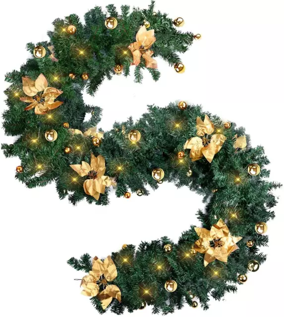 PRE LIT CHRISTMAS 9ft GREEN & GOLD LIGHT UP DECORATED GARLAND MANTLE STAIRS