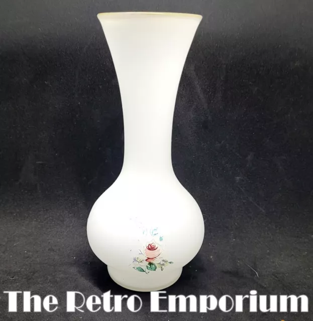 RETRO Vintage FROSTED Glass Vase White with Flower Decal Small POSY Vase 6 inche