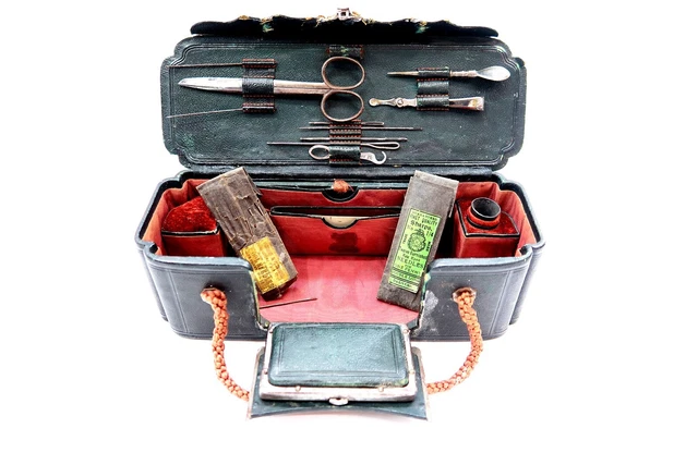 Antique French 1800's ETUI SEWING KIT in Fitted Black Leather Case with Lock