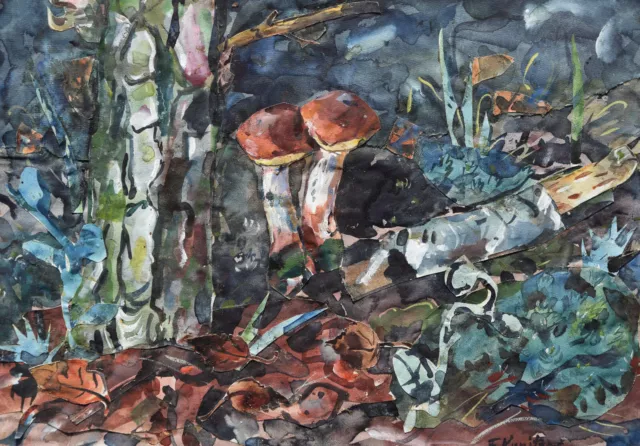 Friedrich Kunitzer 1907-1998 Kördorf / Aquarell Collage Waldstück mit Pilzen