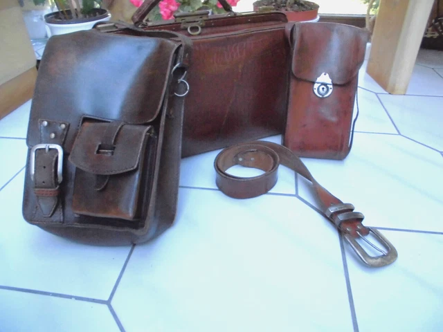 Antiker Arztkoffer, Fototasche, Umhängetasche plus Gürtel, Leder, braun /4 Teile