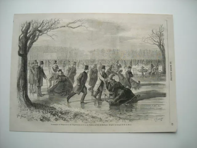 Gravure 1861. Promenade Empereur Et Imperatrice Sur Lac De Madrid, Bois Boulogne