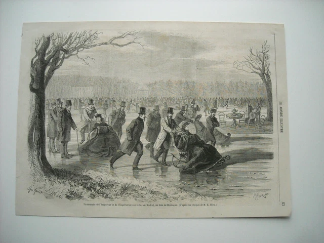 Gravure 1861. Promenade Empereur Et Imperatrice Sur Lac De Madrid, Bois Boulogne