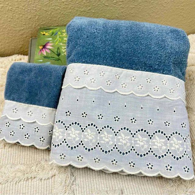 Vintage Made in USA Letters Inc Blue Bath Towel & Wash Cloth Eyelet Lace