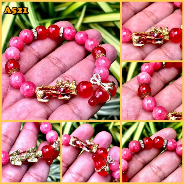 Pixiu Pink Bracelet 10mm Burma Jade Mala Bead Gemstone Jewelry  Thai Amulet K082