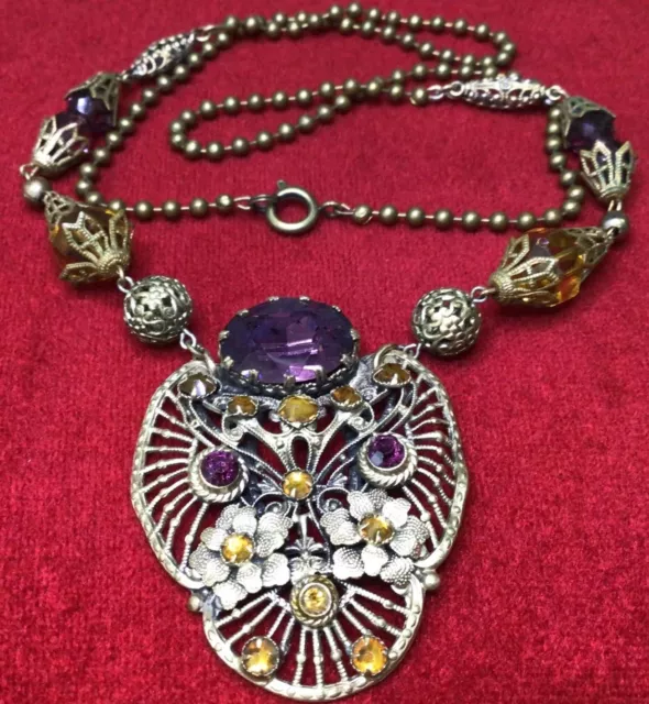 Vintage Art Deco Jewellery Stunning Large Czech Crystals & Beads Panel Necklace