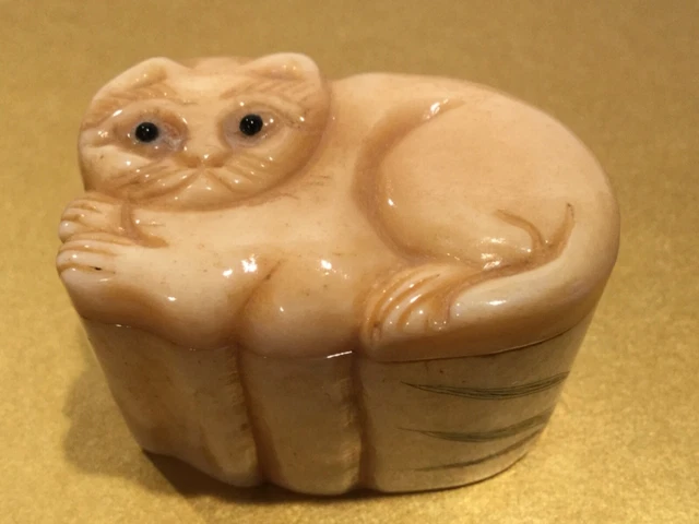 Antique Oriental Carved Hand Painted Box with Cat on Lid, signed