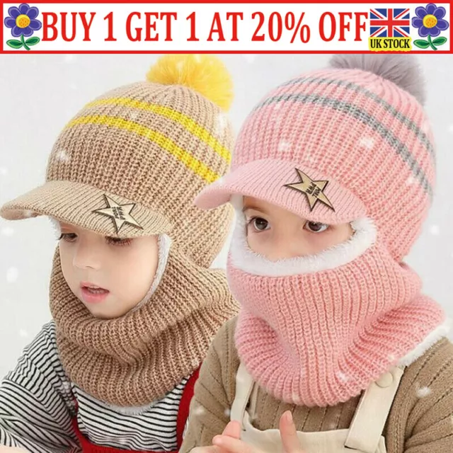 Kids Toddler Baby Winter Warm Hat Hooded Scarf Earflap Knitted Cap Girls Boys SA