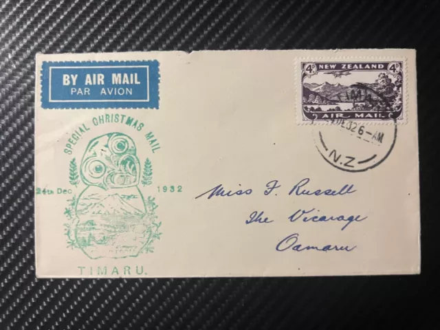 1932 New Zealand Special Christmas Airmail Cover Timaru to Oamaru NZ