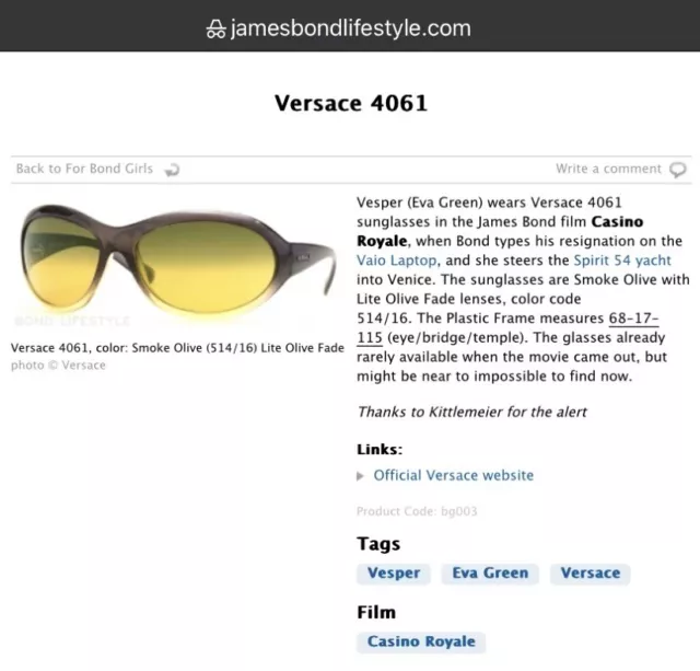 VERSACE 4061 Smoke Olive Sunglasses As Worn Vesper Eva Green Bond Casino Royale